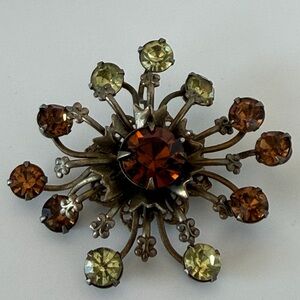 Atomic Starburst Topaz Rhinestone Brooch Gold Tone Mid Century Vintage